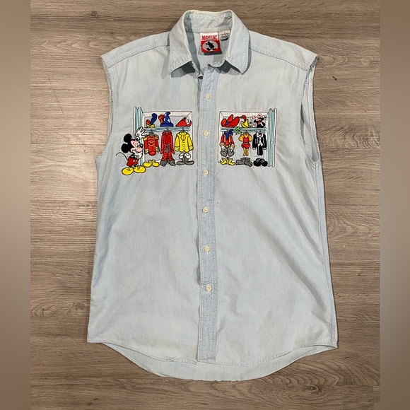 Vintage Mickey Mouse Outfit Change Denim Chambray Sleeveless Button Down - Picture 2 of 9